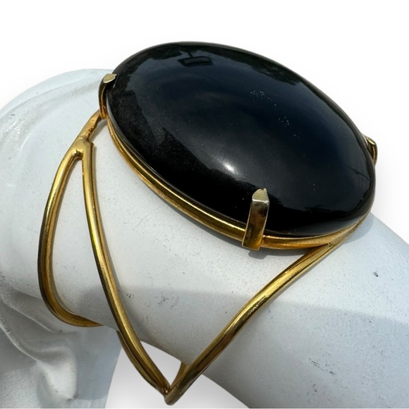 Vintage 10K Gold Filled Black Obsidian Cabochon Cuff Bracelet - Picture 6 of 9